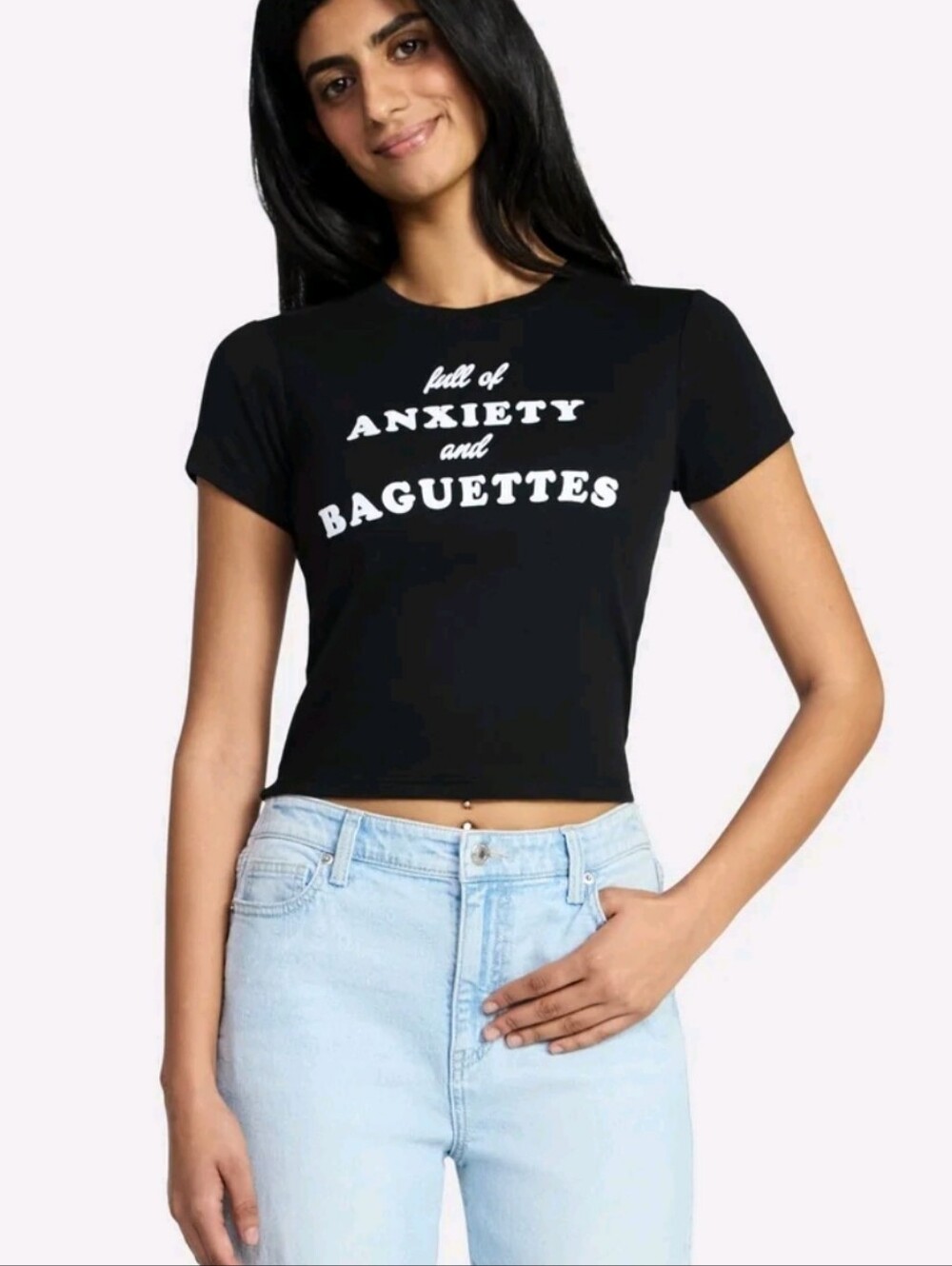 Black 'Full of Anxiety and Baguettes' Graphic Fitted Croped Tee